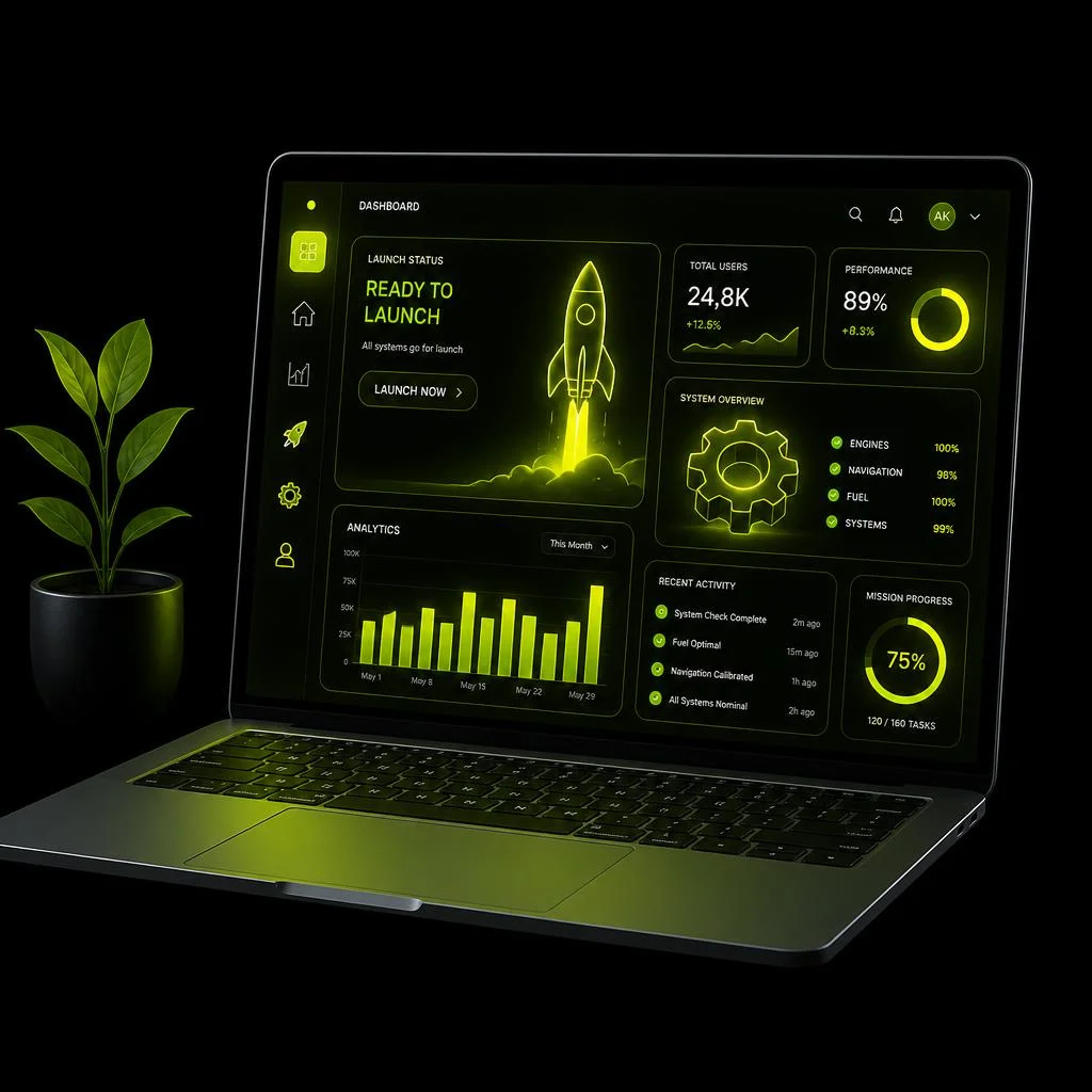laptop with glowing neon yellow green tech UI dashboard