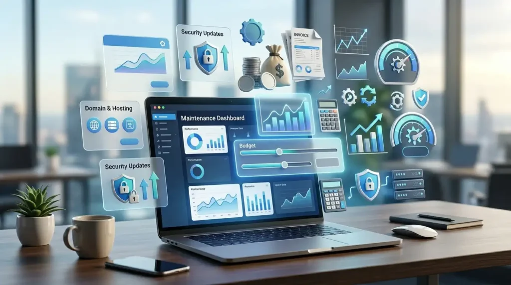 Office scene featuring a laptop representing the concept of website maintenance cost
