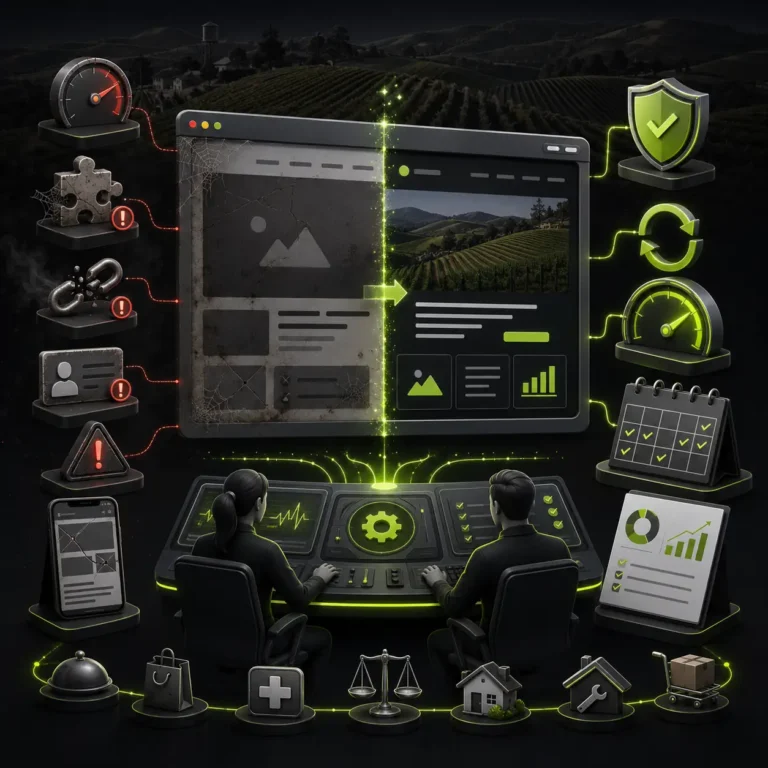 A computer featuring a green website maintenance multiple icons