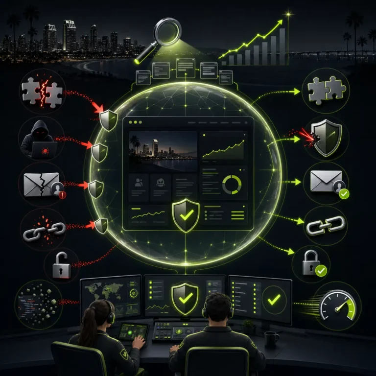 A large protected website inside a security shield.