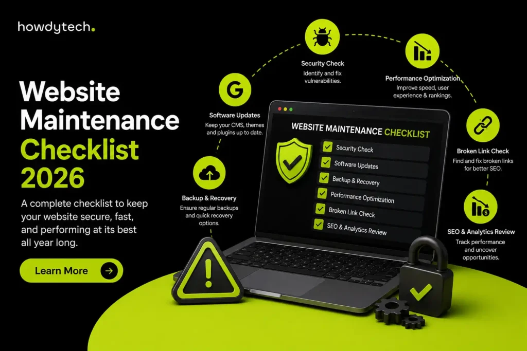 Website maintenance checklist 2026 with laptop and security icons