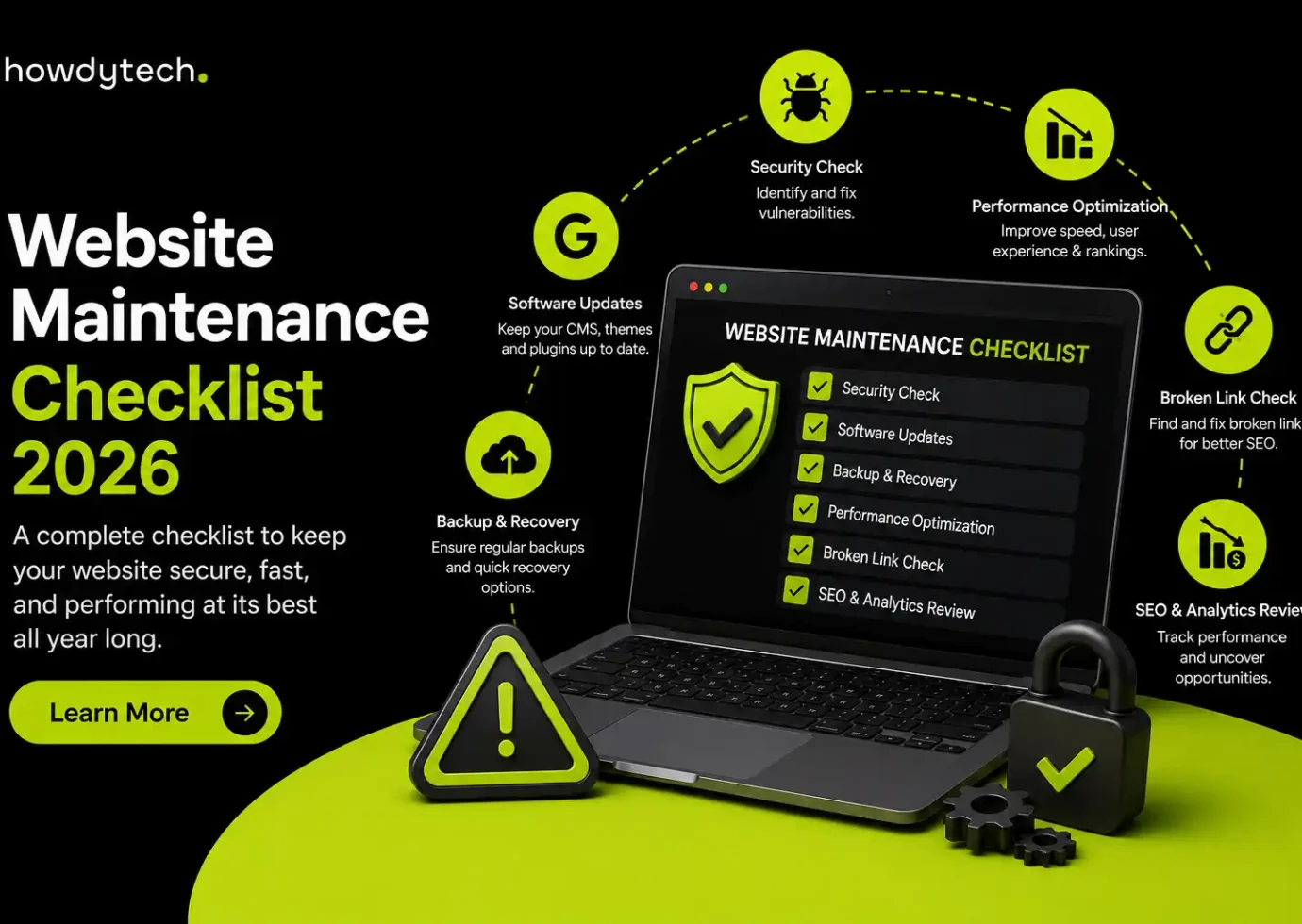 Website maintenance checklist 2026 with laptop and security icons