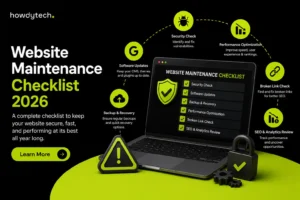 Website maintenance checklist 2026 with laptop and security icons