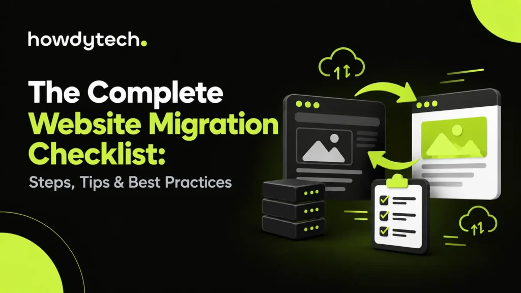 Website migration checklist with servers and transfer arrows