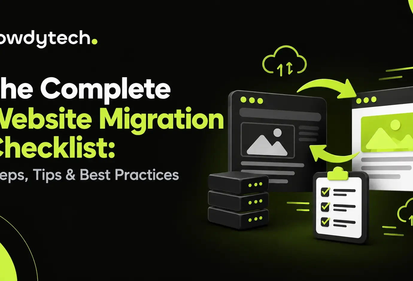 Website migration checklist with servers and transfer arrows