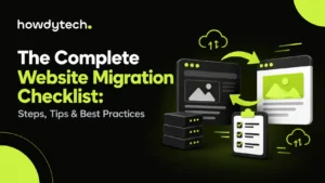 Website migration checklist with servers and transfer arrows