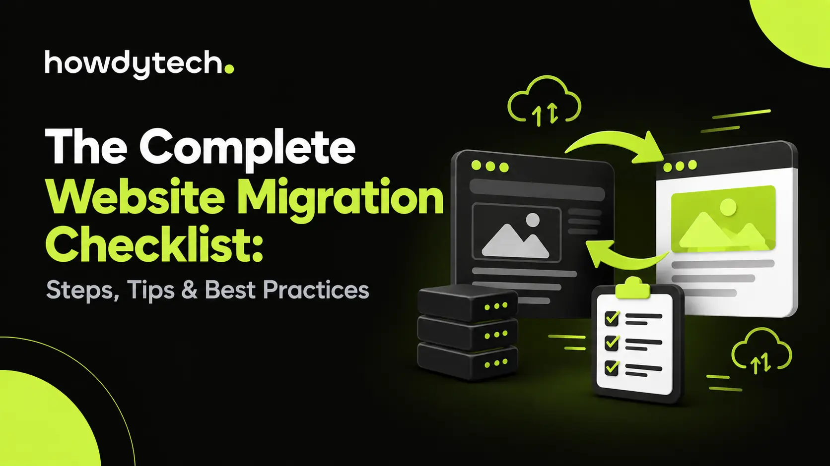 Website migration checklist with servers and transfer arrows