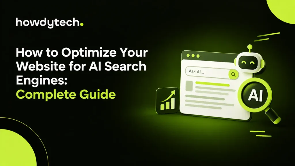 AI search optimization graphic with search results, robot, and magnifying glass.