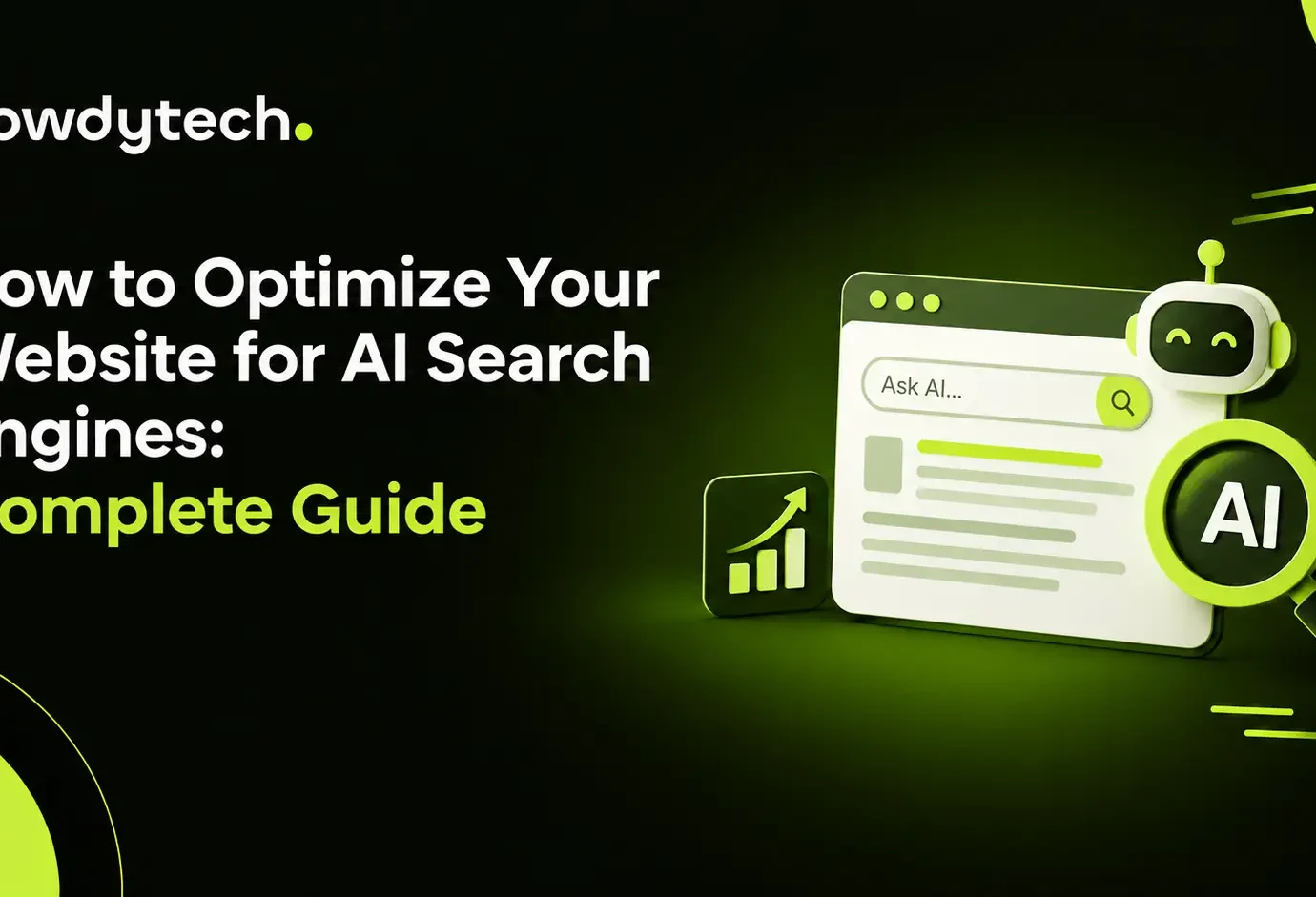 AI search optimization graphic with search results, robot, and magnifying glass.