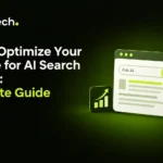 AI search optimization graphic with search results, robot, and magnifying glass.