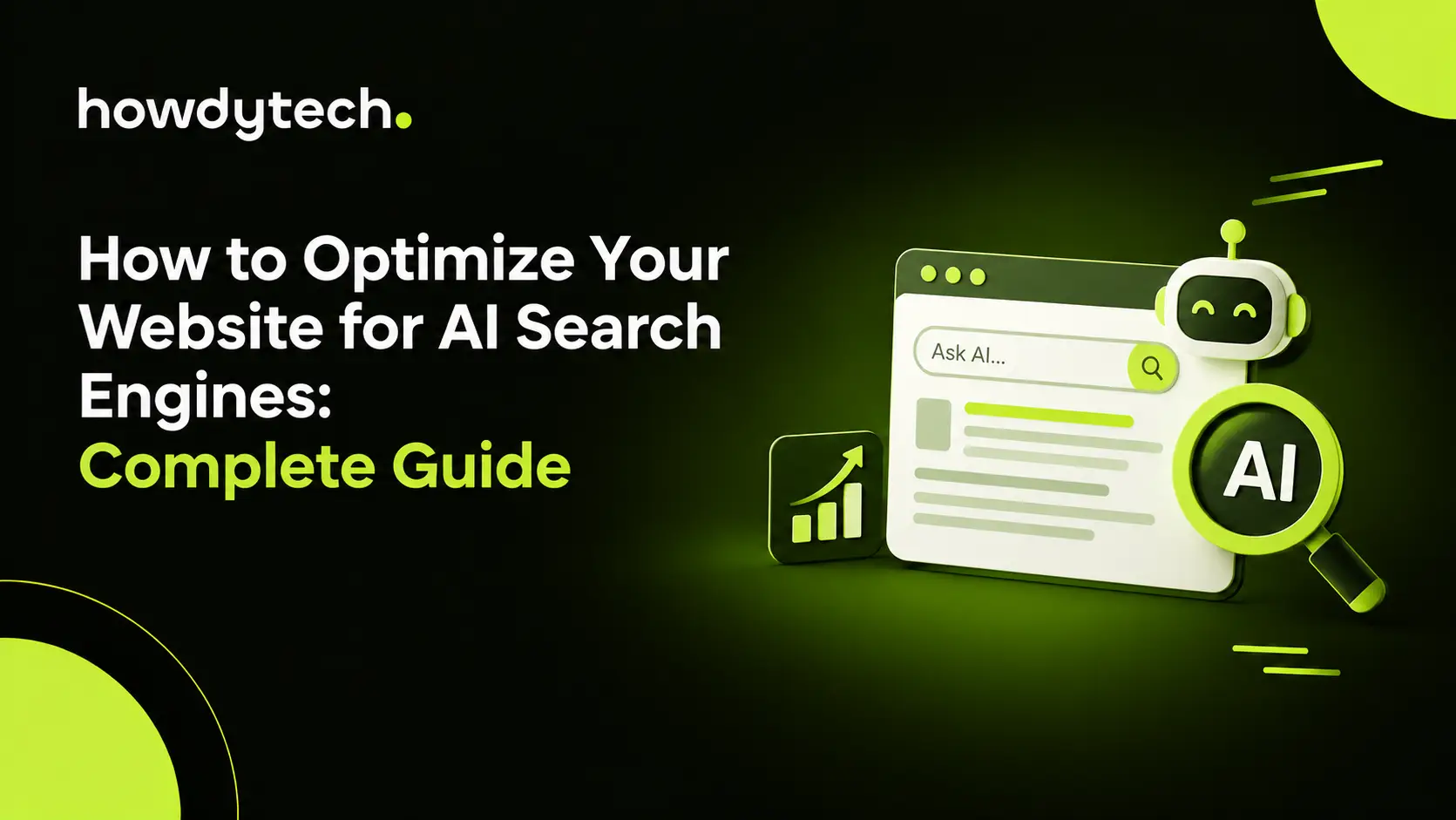 AI search optimization graphic with search results, robot, and magnifying glass.