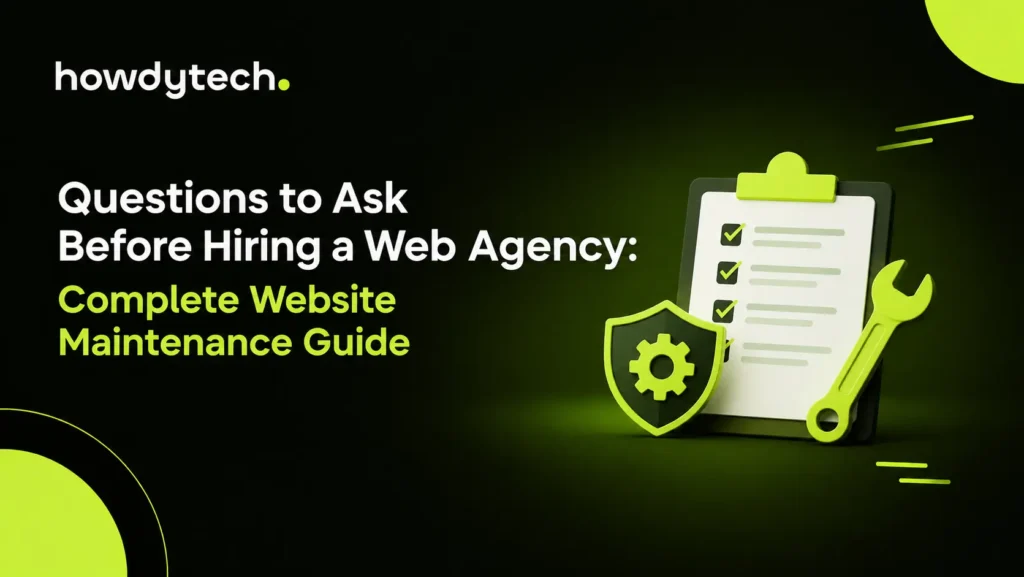 Website maintenance checklist with a security shield, gear, and wrench.