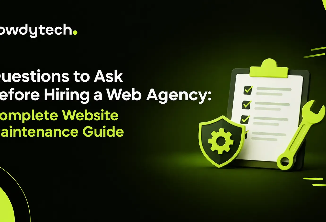 Website maintenance checklist with a security shield, gear, and wrench.