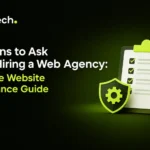 Website maintenance checklist with a security shield, gear, and wrench.