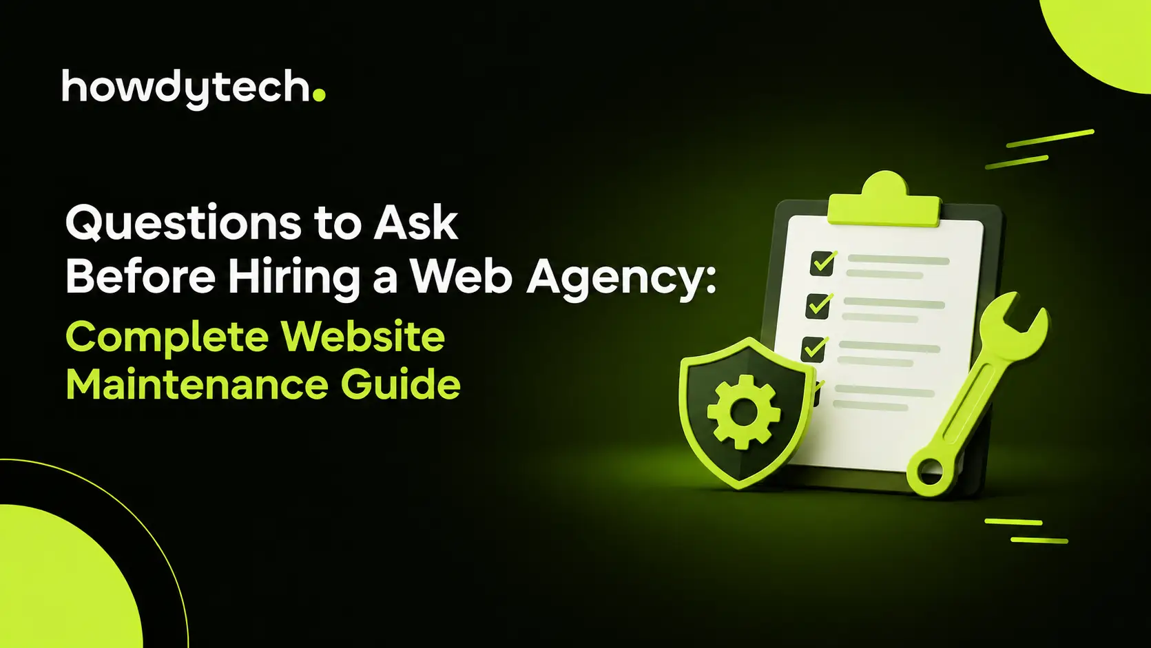Website maintenance checklist with a security shield, gear, and wrench.