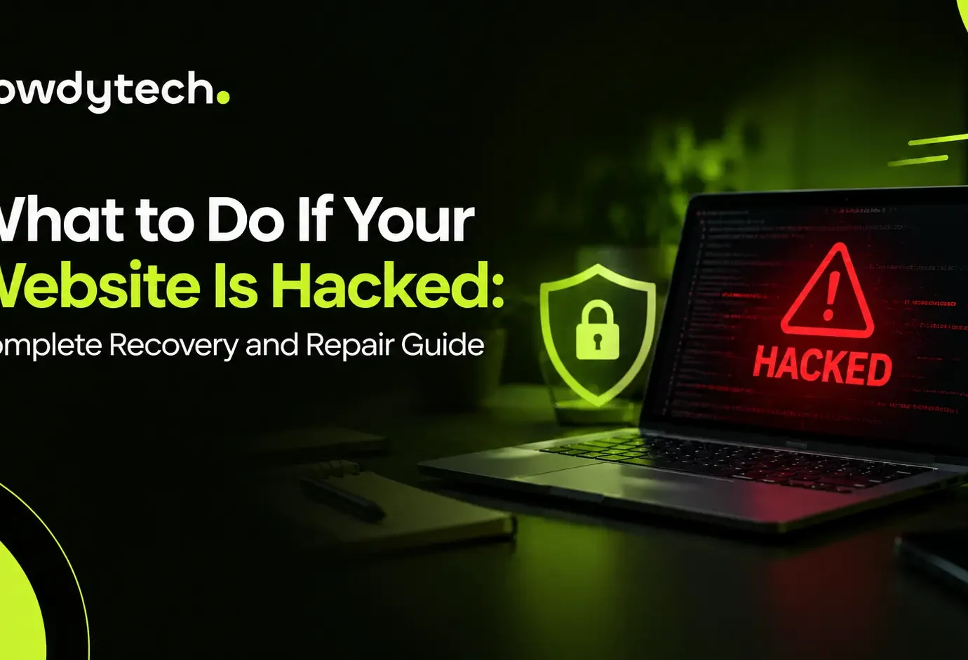 Website hacked warning with security shield and laptop