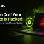 Website hacked warning with security shield and laptop