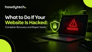 Website hacked warning with security shield and laptop