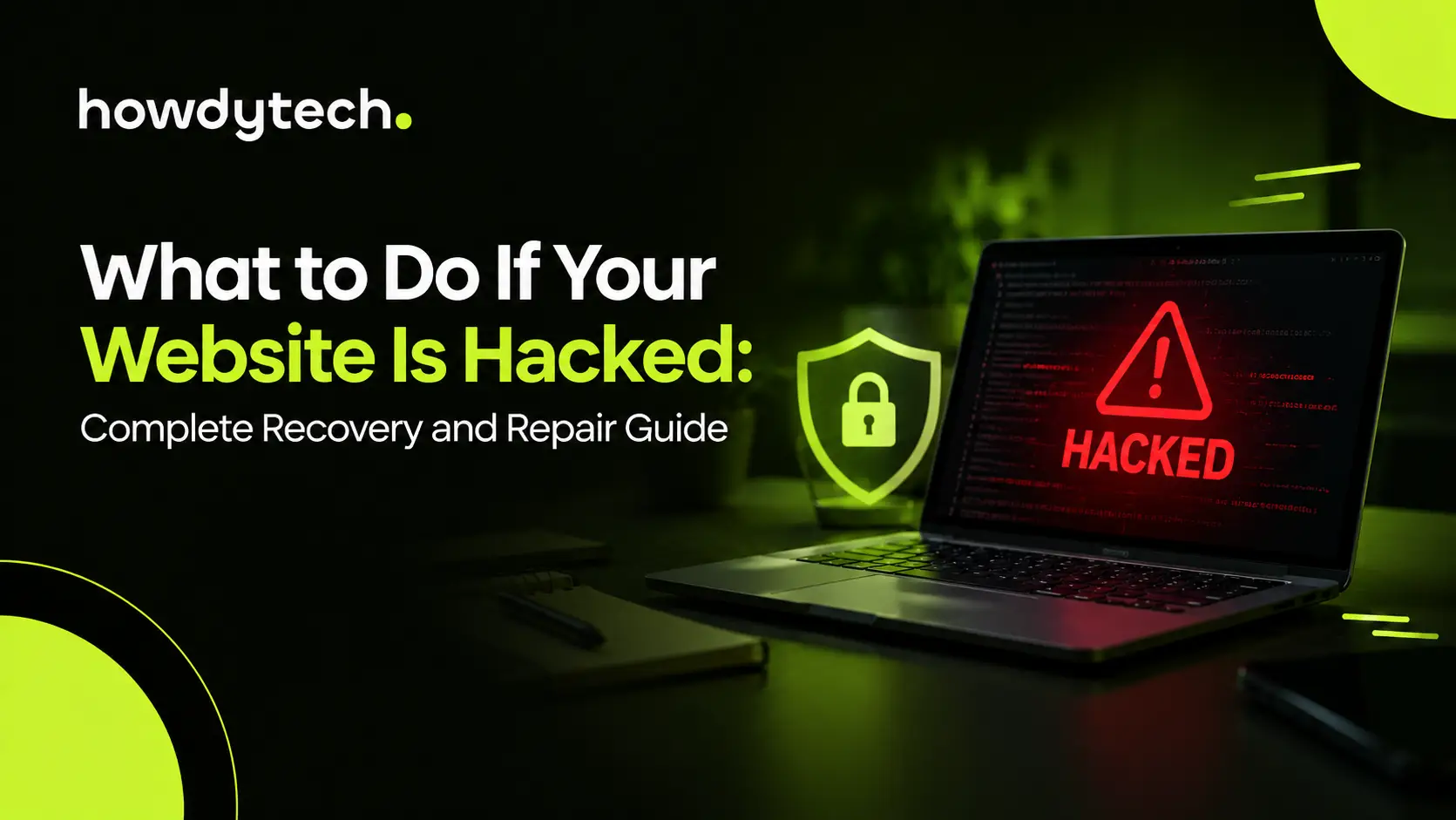 Website hacked warning with security shield and laptop